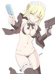  artist_name artoria_pendragon_(all) artoria_pendragon_(swimsuit_rider_alter) bikini black_bikini black_legwear blonde_hair braid breasts cleavage detached_collar expressionless fate/grand_order fate_(series) food gun hood hooded_jacket hoodie jacket leg_garter lowleg lowleg_bikini maid_headdress navel open_clothes open_hoodie open_jacket popsicle ribbon saikawa_yusa short_hair simple_background sketch small_breasts solo standing standing_on_one_leg string_bikini swimsuit thighhighs trigger_discipline weapon white_background yellow_eyes 