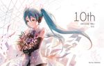  anniversary artist_name bangs blue_eyes blue_hair blue_neckwear bouquet character_name closed_mouth commentary cube dated detached_sleeves envelope flower globe hair_between_eyes hatsune_miku holding holding_bouquet long_hair necktie paper shirt sishenfan sleeveless sleeveless_shirt smile solo tareme twintails upper_body very_long_hair vocaloid white_shirt 