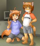  2014 anthro brother brother_and_sister brown_eyes brown_fur brown_hair brown_nose canine clothed clothing crouching cub duo female fox fur hair inside male mammal open_mouth photo_background sibling sister standing young 有梨 