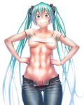  abs aqua_eyes aqua_hair ass_visible_through_thighs breasts character_name commentary_request covered_nipples cowboy_shot crop_top crop_top_overhang denim green_hair hands_on_hips hatsune_miku highres jeans long_hair looking_at_viewer medium_breasts navel no_bra number_tattoo pants pubic_tattoo smile solo tattoo thigh_gap twintails underboob very_long_hair vocaloid white_background wokada 