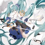  absurdly_long_hair aqua_eyes aqua_hair bangs black_skirt blouse book closed_mouth commentary detached_sleeves floating_hair hair_between_eyes hair_ornament hatsune_miku high-waist_skirt holding holding_sword holding_weapon katana long_hair looking_at_viewer nine_(liuyuhao1992) open_book paper skinny skirt smile solo sword twintails very_long_hair vocaloid weapon white_blouse 
