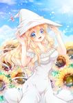  :d absurdres adjusting_clothes adjusting_hat blonde_hair blue_eyes blue_sky breasts covered_navel day dress flower hat highres hitori-kiri long_hair looking_at_viewer medium_breasts open_mouth original outdoors sky smile solo standing sunflower white_dress witch witch_hat 
