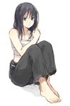  amputee bandages barefoot black_eyes black_hair eyebrows_visible_through_hair full_body fullmetal_alchemist hand_on_shoulder lan_fan long_hair looking_at_viewer pants riru serious shadow simple_background solo white_background 