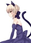  animal_ears artoria_pendragon_(all) bangs bare_shoulders blonde_hair blue_choker blue_gloves blush breasts brown_eyes cat_ears cat_tail choker closed_mouth commentary_request dress elbow_gloves eyebrows_visible_through_hair fate/stay_night fate_(series) gloves hair_bun looking_at_viewer looking_to_the_side medium_breasts nosaku_(darari-jelly) saber_alter sidelocks simple_background solo tail upper_body white_background 