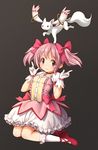  arms_up bangs bow breasts bubble_skirt choker closed_mouth commentary_request dress eyebrows_visible_through_hair frilled_legwear full_body gloves grey_background hair_bow hair_ribbon highres kaname_madoka kneehighs kneeling kyubey looking_at_viewer magical_girl mahou_shoujo_madoka_magica pink_bow pink_eyes pink_hair poripori puffy_short_sleeves puffy_sleeves red_choker red_footwear ribbon shoes short_sleeves simple_background skirt small_breasts smile solo sweatdrop white_dress white_gloves white_legwear 