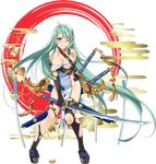  absurdly_long_hair ahoge black_gloves black_legwear blue_eyes blush breasts cleavage earrings elbow_gloves eyebrows_visible_through_hair full_body gloves green_hair heart heart_earrings holding holding_sword holding_weapon jewelry large_breasts long_hair looking_at_viewer murakami_yuichi official_art one_eye_closed oshiro_project oshiro_project_re platform_footwear sheath sheathed smile solo sword thighhighs tokugawa_osaka_(oshiro_project) torn_clothes torn_legwear transparent_background very_long_hair weapon 