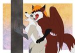  anthro arctic arctic_fox breasts canine claws couple_(disambiguation) cum ejaculation female fox gangstaguru kyle_foxson love male mammal nocturnal_(nocturnalxfox) orgasm panting penetration penis pole pussy red_fox sex vaginal vaginal_penetration wings 
