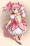  :d arm_up bangs bow breasts choker collarbone commentary_request dress eyebrows_visible_through_hair frilled_dress frilled_legwear frills full_body gloves hair_bow highres kaname_madoka kneehighs mahou_shoujo_madoka_magica open_mouth pink_bow pink_eyes pink_hair poripori puffy_short_sleeves puffy_sleeves red_choker red_footwear shadow shoes short_sleeves small_breasts smile solo standing star white_dress white_gloves white_legwear 