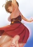  arm_up armpits back barefoot breasts brown_hair commentary from_behind from_below grin gundam00uc hakama_skirt highres koutetsujou_no_kabaneri looking_at_viewer looking_down medium_breasts mumei_(kabaneri) pleated_skirt red_eyes scar short_hair skirt smile soles solo toe_scrunch 