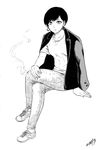  :o arm_support bangs breasts cigarette collarbone commentary crossed_legs denim earrings fingernails full_body greyscale highres holding holding_cigarette jacket_on_shoulders jeans jewelry looking_at_viewer medium_breasts monochrome nikaidou_kou pants parted_lips shirt shoes short_hair short_sleeves signature simple_background sitting smoke solo white_background 