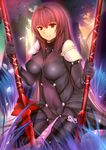  absurdres armor bodysuit breasts commentary_request covered_navel fate/grand_order fate_(series) gae_bolg gu_li highres holding holding_weapon large_breasts long_hair looking_at_viewer open_mouth pauldrons polearm purple_bodysuit purple_hair red_eyes scathach_(fate)_(all) scathach_(fate/grand_order) shoulder_armor sitting skin_tight smile solo spear wariza weapon 
