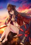  bangs bare_legs barefoot bikini black_bikini black_hair breasts cleavage closed_mouth cloud collarbone commentary evening fate/grand_order fate_(series) feet guitar hair_between_eyes hat headphones headphones_around_neck horizon instrument jacket_on_shoulders long_hair looking_at_viewer medium_breasts navel oda_nobunaga_(fate) oda_nobunaga_(swimsuit_berserker)_(fate) peaked_cap red_eyes sidelocks sitting smile solo sunset swimsuit thighs toes wataame27 water weapon 