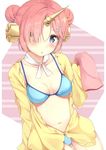  :o arm_at_side bikini bikini_under_clothes blue_bikini blue_eyes blush breasts cleavage collarbone commentary_request double_bun eyebrows_visible_through_hair fate/apocrypha fate/grand_order fate_(series) frankenstein's_monster_(fate) frankenstein's_monster_(swimsuit_saber)_(fate) hair_ornament hairclip hand_up heterochromia horn jacket karutamo long_sleeves looking_at_viewer medium_breasts navel open_clothes open_jacket parted_lips pink_hair shiny shiny_hair short_hair sitting sleeves_past_wrists solo stomach striped striped_background swimsuit tareme thigh_gap yellow_eyes yellow_jacket 