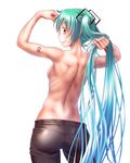 adjusting_hair alternate_costume aqua_eyes arm_tattoo arms_up ass back black_pants blush breasts check_commentary closed_mouth commentary commentary_request flexing from_behind hair_ornament hatsune_miku highres holding holding_hair long_hair looking_back medium_breasts nail_polish number_tattoo pants pose profile shiny shiny_skin sideboob smile solo standing tattoo toned topless twintails very_long_hair vocaloid white_background wokada 