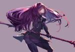  ass bodysuit fate/grand_order fate_(series) grey_background hair_intakes highres long_hair looking_at_viewer looking_back open_mouth polearm purple_eyes red_eyes rolua scathach_(fate)_(all) scathach_(fate/grand_order) shoulder_pads skirt solo spear weapon 