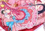  bangs bare_legs blue_eyes bow commentary_request couch detached_sleeves dragon_girl dragon_tail dress earrings elizabeth_bathory_(fate) elizabeth_bathory_(fate)_(all) eyebrows_visible_through_hair fate/extra fate/extra_ccc fate/grand_order fate_(series) flower frilled_dress frills fujimaru_ritsuka_(male) hat hat_flower heart heart_pillow highres jewelry layered_dress long_hair lying nanakagura on_stomach pig pillow pink_hair pink_hat pointy_ears squirrel striped_hat stuffed_toy tail tail_bow top_hat 