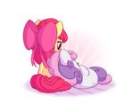  2016 apple_bloom_(mlp) bobdude0 cub cuddling duo earth_pony equine female feral freckles friendship_is_magic hair hair_bow hair_ribbon horse mammal multicolored_hair my_little_pony pink_hair pony purple_hair rear_view red_hair ribbons simple_background sweetie_belle_(mlp) two_tone_hair white_background young 