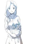  blue blue_eyes eyebrows_visible_through_hair flower fullmetal_alchemist greyscale happy long_hair long_sleeves monochrome open_mouth plant pot potted_plant riru simple_background skirt smile solo tied_hair trisha_elric white_background 