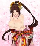  1girl bare_shoulders breast_hold breasts brown_eyes brown_hair cleavage collarbone covering covering_breasts fatal_fury female hair_ornament haruno_(haruno-kgr) huge_breasts japanese_clothes jewelry leaning_forward long_hair long_ponytail looking_at_viewer ponytail shiranui_mai solo standing the_king_of_fighters topless yukata 