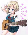  1girl :d acoustic_guitar blonde_hair blue_eyes blush choker earrings eyebrow_piercing fang foreshortening grin guitar highres instrument jessica_(roku_kyuu) jewelry looking_at_viewer open_mouth original piercing pleated_skirt ribbon roku_kyuu school_uniform short_hair simple_background skirt smile solo star sweater_vest v white_background 