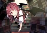  black_footwear book book_stack bookshelf closed_mouth demon_wings flying full_body futatsuki_eru head_tilt head_wings highres holding holding_book koakuma library long_hair looking_at_viewer necktie one_eye_closed pointy_ears red_eyes red_hair red_neckwear shoes smile socks solo touhou voile white_legwear wings 