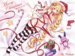  1girl artist_name bed_sheet bell blonde_hair blush bow box breasts christmas cleavage commentary_request date_a_live dated doll double_bun from_above gift gift_box hair_between_eyes hat highres hoshimiya_mukuro large_breasts long_hair looking_at_viewer lying merry_christmas mouth_hold naked_ribbon on_back on_bed red_ribbon ribbon ribbon_in_mouth santa_hat socks solo star striped striped_legwear thighhighs tsubasaki very_long_hair yellow_eyes 