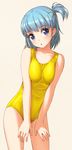  bangs blue_eyes blue_hair breasts child commentary_request contrapposto eyebrows_visible_through_hair head_tilt looking_at_viewer medium_breasts one-piece_swimsuit one_side_up original poripori shiny shiny_hair short_hair standing swimsuit yellow_swimsuit 