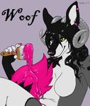  2016 anthro breasts canine claws ear_piercing facial_piercing female green_eyes hair horn mammal multicolored_tail neltruin nude paint paintbrush piercing simple_background solo tempesta_(scarywoof) wolf 