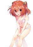  asuzemu bare_arms bare_legs bare_shoulders bell bra brown_eyes hair_bell hair_ornament looking_at_viewer motoori_kosuzu navel orange_hair pink_bra simple_background sitting smile solo touhou two_side_up underwear underwear_only v_arms white_background 