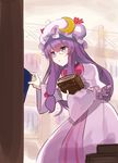  bangs bespectacled book bow bowtie capelet crescent crescent_moon_pin dress eyebrows_visible_through_hair glasses hair_bow hat holding holding_book indoors long_hair long_sleeves mob_cap patchouli_knowledge purple_eyes purple_hair red_bow red_neckwear rin_falcon shelf sidelocks solo touhou triangle_mouth white_hat wide_sleeves 