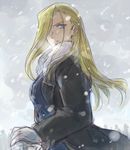  amestris_military_uniform blonde_hair blue_eyes coat eyebrows_visible_through_hair floating_hair frown fullmetal_alchemist gloves grey_background hair_over_one_eye long_hair looking_at_viewer military military_uniform olivier_mira_armstrong riru serious simple_background snow solo_focus uniform 