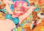  armpits blonde_hair bra cake chomoran cola commentary_request corn curry curry_rice doughnut dumpling food french_fries hamburger highres long_hair multicolored_hair noodles oden onigiri original pink_eyes pink_hair pizza polka_dot polka_dot_bra ramen rice solo stomach tears underwear yakisoba 