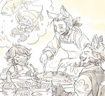  &gt;_&lt; alcohol animal_ears beard bow bowtie closed_eyes commentary_request cup drinking_glass erune facial_hair fish fishing fishing_rod fork gloves granblue_fantasy hair_slicked_back harvin hat hoshikuzushi keehar knife low_ponytail monochrome monocle multiple_boys mustache plate sepia sepia_background sevastian_(granblue_fantasy) smile sparkle steam table wine wine_glass yodarha_(granblue_fantasy) 