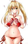  :o ? ahoge bikini blush breasts eyebrows_visible_through_hair fate/grand_order fate_(series) green_eyes long_hair looking_at_viewer medium_breasts navel nero_claudius_(fate)_(all) nero_claudius_(swimsuit_caster)_(fate) side-tie_bikini simple_background solo standing striped striped_bikini swimsuit tenga twintails white_background yuuki_hb 