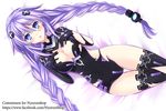  1girl blue_eyes braid breasts cleavage cleavage_cutout closed_mouth hair_ornament leotard long_hair looking_at_viewer neptune_(choujigen_game_neptune) neptune_(series) on_back power_symbol purple_hair purple_heart solo symbol-shaped_pupils thighhighs tied_hair twin_braids very_long_hair 