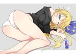  ass black_shirt blonde_hair blue_eyes cameltoe long_hair lying new_game! off_shoulder on_side one_eye_closed open_mouth panties red_bull shiny shiny_skin shirt solo suizokukan underwear white_panties yagami_kou 