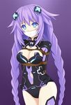  arms_behind_back bdsm blue_eyes bondage bound braid breasts cleavage cloth_gag gag gagged hair_ornament highres improvised_gag leotard long_hair looking_at_viewer medium_breasts neptune_(series) over_the_mouth_gag power_symbol purple_hair purple_heart solo symbol-shaped_pupils tied_hair twin_braids very_long_hair 