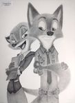  2017 absurd_res anthro bedroom_eyes canine cellphone clothed clothing concerned disney duo fan_character female flirting fox greyscale half-closed_eyes hi_res male mammal megan_fawkes monochrome nick_wilde open_mouth paintbrush pencil_(object) phone police seductive sergeyfoxx tail_hug uniform zootopia 