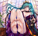 aqua_eyes aqua_hair barefoot commentary_request crown feet fish fishbowl hatsune_miku long_hair looking_at_viewer misako12003 scepter sitting soles solo toes twintails vocaloid 