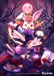  blood bow bowtie bunny_ears cfm copyright_name cup food force_of_will moon night night_sky official_art open_mouth orange_eyes sitting skull sky solo tea teacup teapot teeth tree 