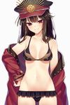  bangs bikini black_hair blush breasts brown_eyes closed_mouth coat collarbone commentary_request cowboy_shot eyebrows_visible_through_hair fate/grand_order fate_(series) frilled_bikini_bottom frills hand_on_hip hat highres kuro_futoshi long_hair looking_at_viewer medium_breasts navel oda_nobunaga_(fate) oda_nobunaga_(swimsuit_berserker)_(fate) open_clothes open_coat peaked_cap simple_background smile solo swimsuit white_background 