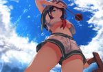  arm_at_side arm_up black_hair blue_eyes blue_sky breasts bucket cloud cloudy_sky commentary_request cowboy_shot crop_top crop_top_overhang day foreshortening from_below hat hishaku holding ladle looking_at_viewer medium_breasts midori_(misuriru8) midriff murasa_minamitsu navel neckerchief no_bra no_panties one_eye_closed outdoors parted_lips partially_visible_vulva red_neckwear sailor_collar sailor_hat short_hair short_sleeves shorts sky smile solo splashing standing stomach summer touhou underboob upshirt upshorts water white_hat white_shorts 