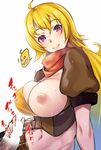  ahoge blonde_hair blush breasts brown_scarf commentary_request handjob hijiri large_breasts long_hair looking_at_viewer midriff navel nipples one_breast_out penis puffy_short_sleeves puffy_sleeves purple_eyes rwby scarf short_sleeves smile stomach sweat upper_body yang_xiao_long 