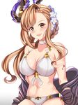  :d blush braid breasts brown_eyes flower granblue_fantasy hair_flower hair_ornament highres large_breasts light_brown_hair long_hair looking_at_viewer navel open_mouth smile solo song_(granblue_fantasy) tuchan white_neckwear 