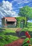  blue_sky blurry_foreground bush cloud cloudy_sky commentary day door english fantasy flower food fruit grass highres mailbox_(incoming_mail) no_humans original outdoors path plant road scenery shop sign sky suzu_(susan_slr97) tree 