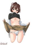  ass_visible_through_thighs bangs blush breasts brown_eyes brown_hair brown_ribbon brown_skirt closed_mouth clothes_lift cowboy_shot cropped_legs ebifurya eyebrows_visible_through_hair fundoshi groin hair_ribbon highres ise_(kantai_collection) japanese_clothes kantai_collection lifted_by_self long_sleeves looking_at_viewer medium_breasts mouth_hold no_bra ponytail ribbon short_hair simple_background skirt skirt_lift solo stomach sweat twitter_username undershirt white_background 