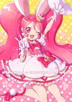  ;d animal_ears arm_up bow bunny_ears cake_hair_ornament copyright_name cure_whip dress extra_ears food_themed_hair_ornament frills gloves gradient gradient_background hair_ornament hairband heart kirakira_precure_a_la_mode long_hair looking_at_viewer magical_girl one_eye_closed open_mouth pink_background pink_bow pink_eyes pink_footwear pink_hair pink_hairband pink_neckwear precure shoes smile solo sparkle standing standing_on_one_leg tsuru_ringo twintails usami_ichika v white_dress white_gloves yellow_background 