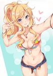  ass_visible_through_thighs bangle bikini blonde_hair blue_eyes blush bracelet breasts cleavage cowboy_shot curly_hair denim denim_shorts dutch_angle eyebrows_visible_through_hair foreshortening front-tie_bikini front-tie_top heart idolmaster idolmaster_cinderella_girls jewelry jiino looking_at_viewer medium_breasts multicolored multicolored_bikini multicolored_clothes navel necklace o-ring o-ring_bikini o-ring_top ootsuki_yui open_fly open_pants outstretched_arm ponytail short_shorts shorts sidelocks solo striped striped_bikini swimsuit thigh_gap w 