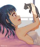  :d animal bangs black_cat blue_hair blush breasts cat commentary_request eyebrows_visible_through_hair holding holding_cat love_live! love_live!_sunshine!! lying medium_breasts on_back open_mouth purple_eyes qy side_bun sideboob smile solo tsushima_yoshiko twitter_username 
