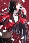  black_hair black_legwear blazer checkered checkered_skirt covering_mouth hand_on_hip hime_cut houndstooth jabami_yumeko jacket kakegurui kk_dingdong leaning_forward long_hair name_tag pantyhose pleated_skirt print_skirt red_eyes school_uniform skirt solo very_long_hair 